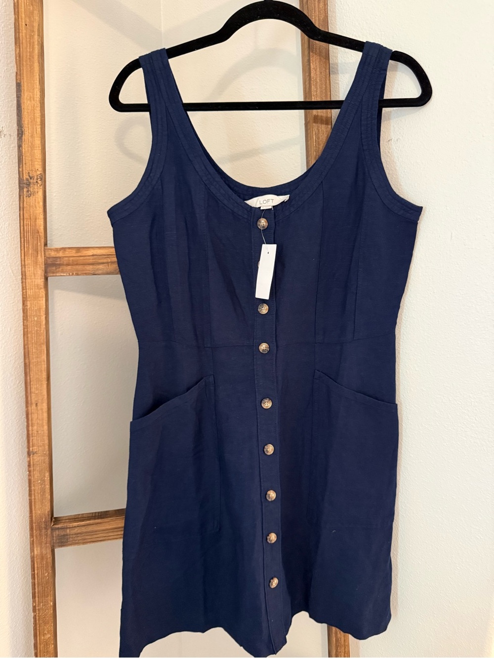 NWT LOFT Linen Button-Front Mini Dress | Navy | Size 6